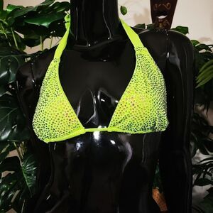 Luxury Lime Green Rhinestone Triangle Halter Bikini Top Large #8